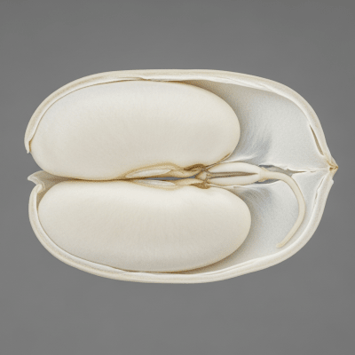 A cross-sectional view of a single White Bean (beans), sliced cleanly to reveal its internal structure and composition