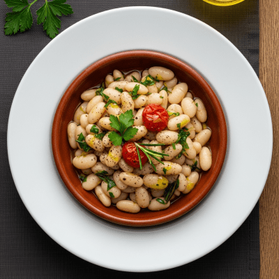 Image of cooked White Bean (beans) presented as part of a traditional dish or cuisine, plated attractively and photographed from above
