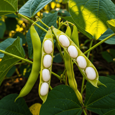 An image of White Bean, belonging to the taxonomy beans, displayed in its natural environment—such as growing on a plant or vine, surrounded by leaves and soil