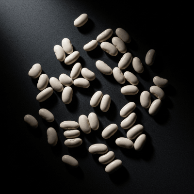 Editorial-style photograph of White Bean, part of the taxonomy beans, arranged aesthetically on a dark background with dramatic lighting to highlight its shape and color.