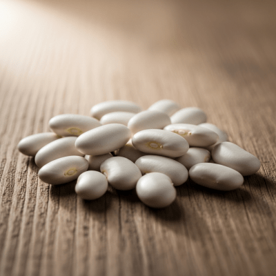 A handful of uncooked White Bean beans (beans) scattered on a rustic wooden surface, photographed in natural light to emphasize their variety and color
