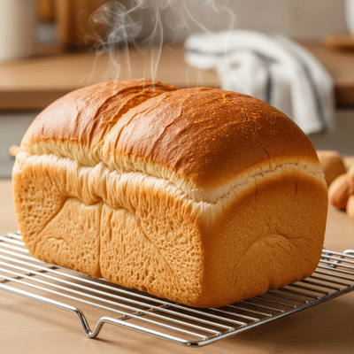 Photograph of freshly baked White Bread, cooling on a wire rack