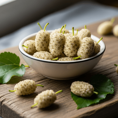 A high resolution image of several fresh White Mulberrys arranged in a simple bowl, representing their use within the taxonomy berries