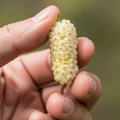 A factual photograph of a hand holding a ripe White Mulberry, illustrating its size and appearance for the taxonomy berries