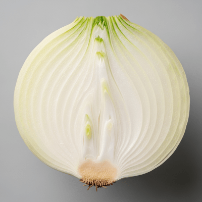 A detailed cross-sectional image of a White onion (onions) cut in half to reveal its internal layers and structure