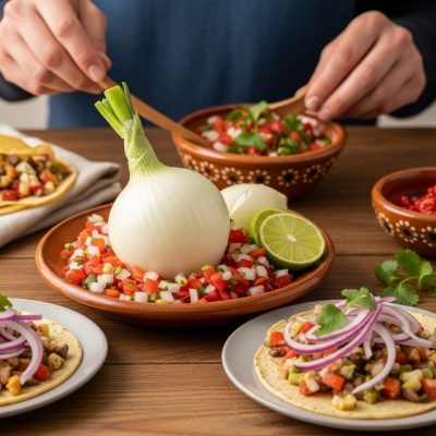 A cultural representation of a White onion (onions) featured in a traditional dish or meal setting