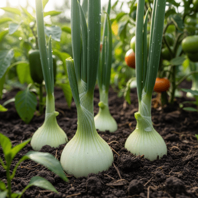 A photograph of a White onion (onions) in its natural environment or growing in soil