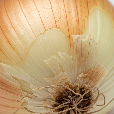A macro photograph highlighting the surface texture and skin details of a White onion