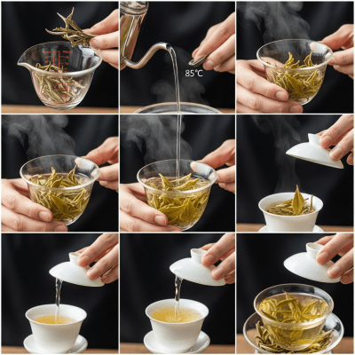 Step-by-step visual depiction showing the preparation process for White Tea, within the taxonomy teas
