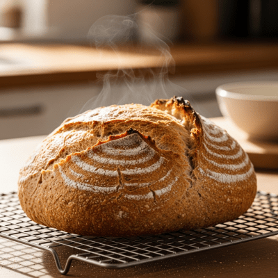Photograph of freshly baked Whole Wheat Bread, cooling on a wire rack