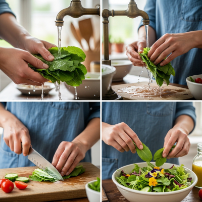 Photograph of a diverse pair of hands preparing or serving Wild Lettuce in a kitchen setting