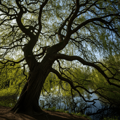 Striking editorial image of a single Willow (trees), photographed from a low angle to emphasize its grandeur.