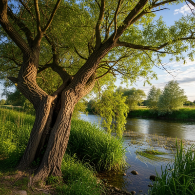 A realistic depiction of a mature Willow (trees) in its typical natural environment