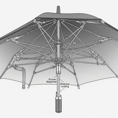 Detailed cross-sectional illustration of a Windproof Umbrella, showing the internal structure such as ribs, shaft, and canopy fabric