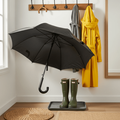 Image of a Windproof Umbrella displayed alongside typical items it is paired with (e