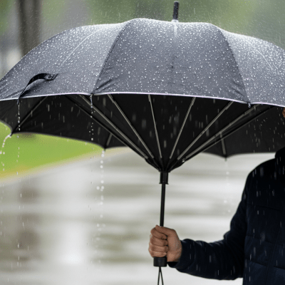 A realistic image of a Windproof Umbrella (umbrellas) being used outdoors during a light rain, with droplets visible on the umbrella surface