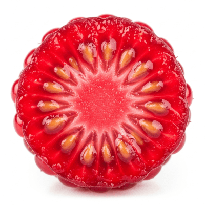 A cross-sectional view of a sliced Wineberry, part of the taxonomy berries
