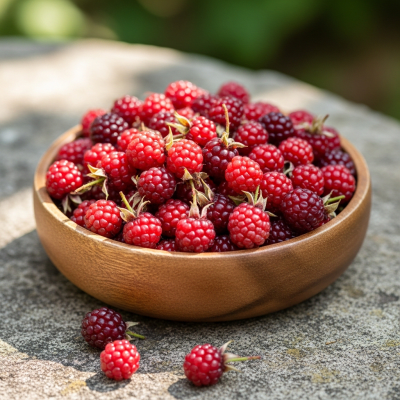 A high resolution image of several fresh Wineberrys arranged in a simple bowl, representing their use within the taxonomy berries