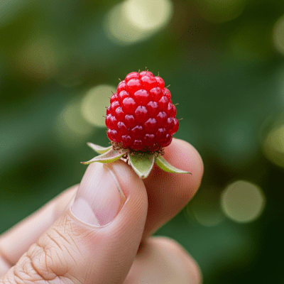 A factual photograph of a hand holding a ripe Wineberry, illustrating its size and appearance for the taxonomy berries