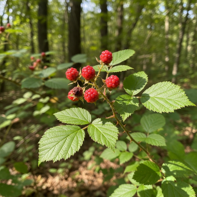 A naturalistic photograph of a Wineberry growing on its plant in its typical environment, representing the taxonomy berries