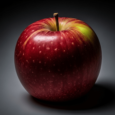 Editorial-style image of a single Winesap from the taxonomy apples, dramatically lit against a dark gradient background to highlight color and texture.