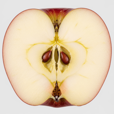 A close-up image showing a cross-section of a Winesap of the taxonomy apples, sliced cleanly in half to reveal internal structure, seeds, and flesh