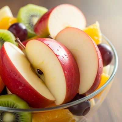 A photograph of a freshly sliced Winesap of the taxonomy apples, presented as part of a fruit salad in a clear bowl