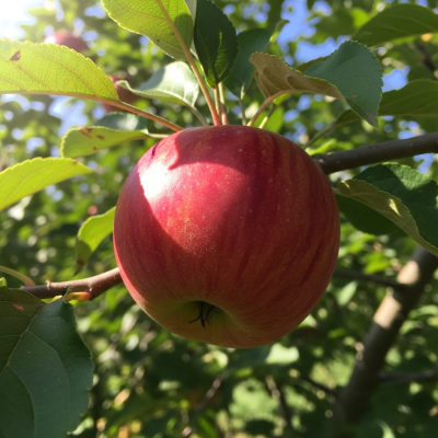 A naturalistic photograph of a Winesap, hanging on its tree branch with leaves visible