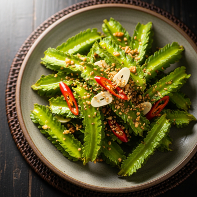 Image of cooked Winged Bean (beans) presented as part of a traditional dish or cuisine, plated attractively and photographed from above