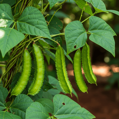 An image of Winged Bean, belonging to the taxonomy beans, displayed in its natural environment—such as growing on a plant or vine, surrounded by leaves and soil