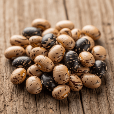 A handful of uncooked Winged Bean beans (beans) scattered on a rustic wooden surface, photographed in natural light to emphasize their variety and color