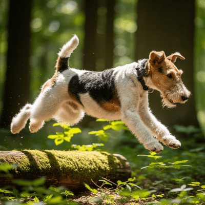 Full body action shot of a Wire Fox Terrier