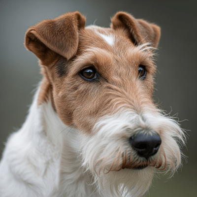 Close-up photograph of the face of a Wire Fox Terrier