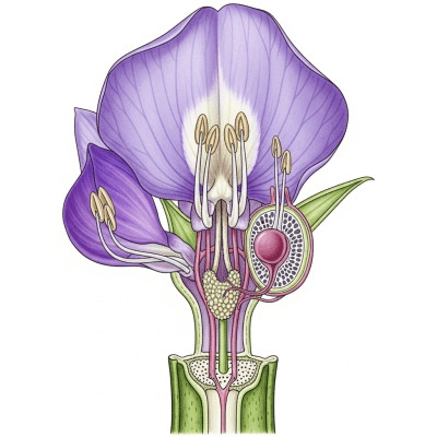 Cross-sectional illustration of a Wisteria (flowers), showing internal parts such as stem, petals, and reproductive organs