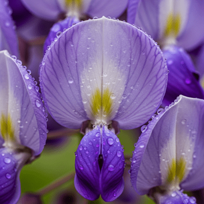 Detailed macro image of a Wisteria (flowers), focusing on the intricate structure of petals, stamens, and pistil