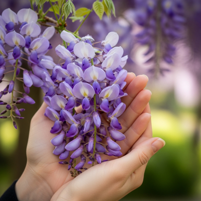 Photograph of a Wisteria (flowers) being held or interacted with by a person in a gentle way