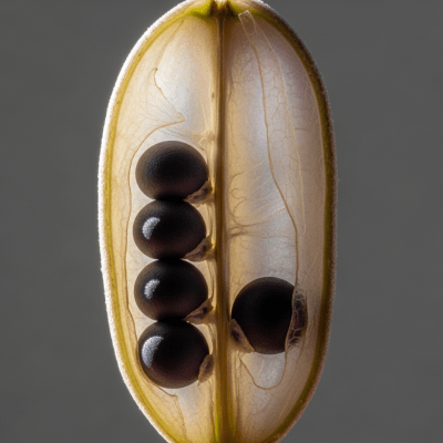 Close-up macro image of the Wisteria (legumes) cut in half, displaying its internal structure and details such as seed arrangement, pod interior, or cross-section textures