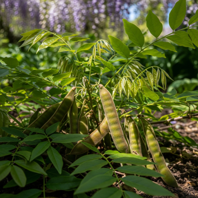 Photograph of the Wisteria (legumes) growing naturally on its plant in an outdoor agricultural or garden setting, showing leaves, pods, and surrounding soil or greenery