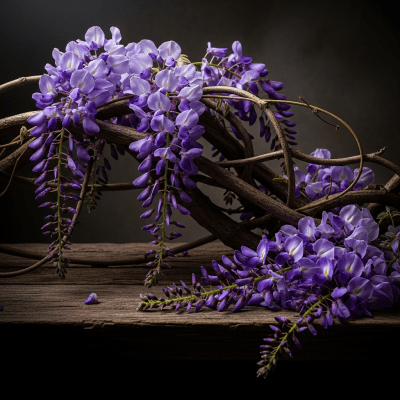 Editorial-style image of the Wisteria from the taxonomy legumes, arranged artfully on a rustic wooden surface with dramatic lighting to highlight its unique shape and color.
