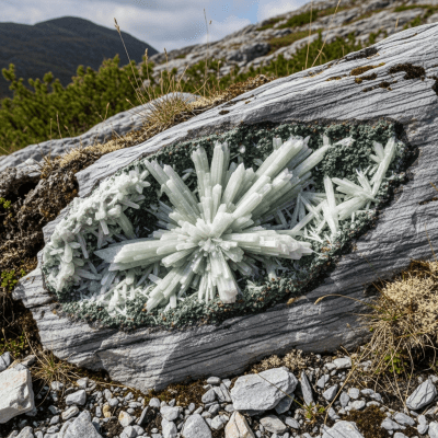 Naturalistic scene featuring Wollastonite in its typical geological environment, as categorized by minerals