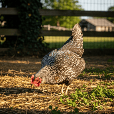Naturalistic image of a Wyandotte belonging to the chicken taxonomy in its typical outdoor environment