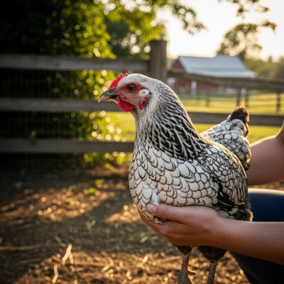 Photograph of a Wyandotte from the chicken taxonomy interacting with humans in a typical farm setting