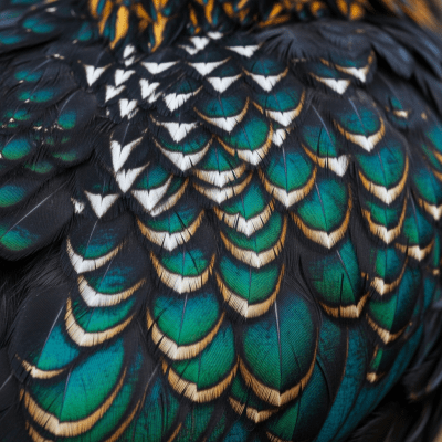 Close-up macro photograph highlighting the feather texture and coloration of a Wyandotte from the chicken taxonomy