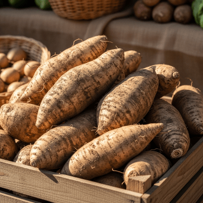 Image showing freshly harvested Yam, displayed in a farmer's market basket or crate