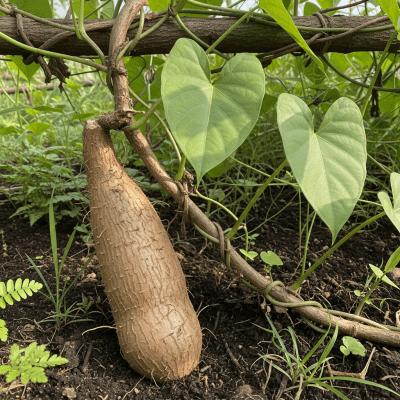 Naturalistic image of a Yam in its typical growing environment, as found in nature or a cultivated garden