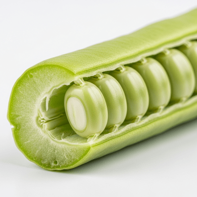 A cross-sectional view of a single Yardlong Bean (beans), sliced cleanly to reveal its internal structure and composition