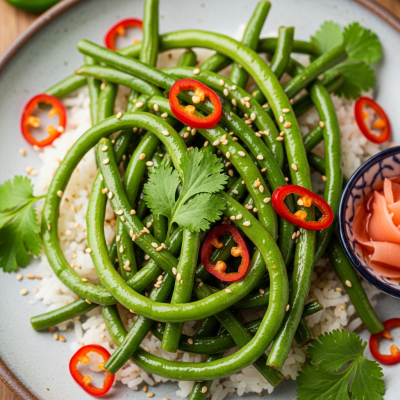 Image of cooked Yardlong Bean (beans) presented as part of a traditional dish or cuisine, plated attractively and photographed from above