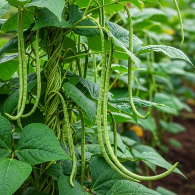 An image of Yardlong Bean, belonging to the taxonomy beans, displayed in its natural environment—such as growing on a plant or vine, surrounded by leaves and soil