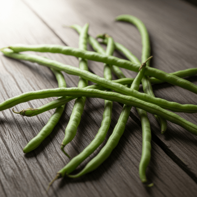 A handful of uncooked Yardlong Bean beans (beans) scattered on a rustic wooden surface, photographed in natural light to emphasize their variety and color