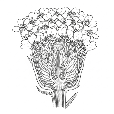 Cross-sectional illustration of a Yarrow (flowers), showing internal parts such as stem, petals, and reproductive organs